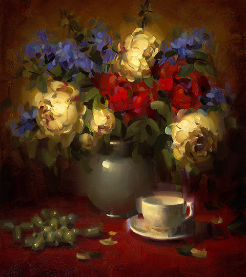 Still life with Flowers and Tea Cup, Oil on canvas, 24 x 30"