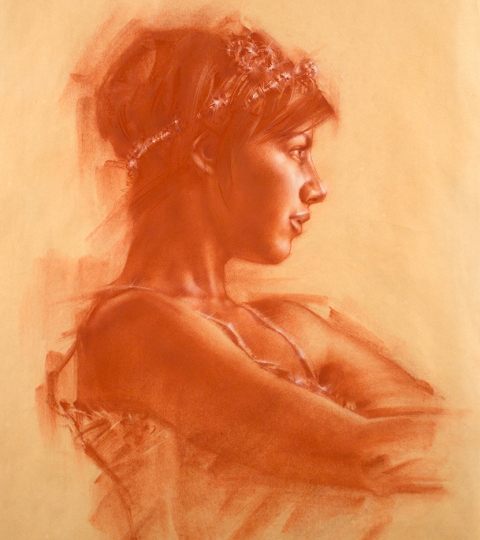 Charles Miano Drawing of Christin, red chalk on paper, 19×25