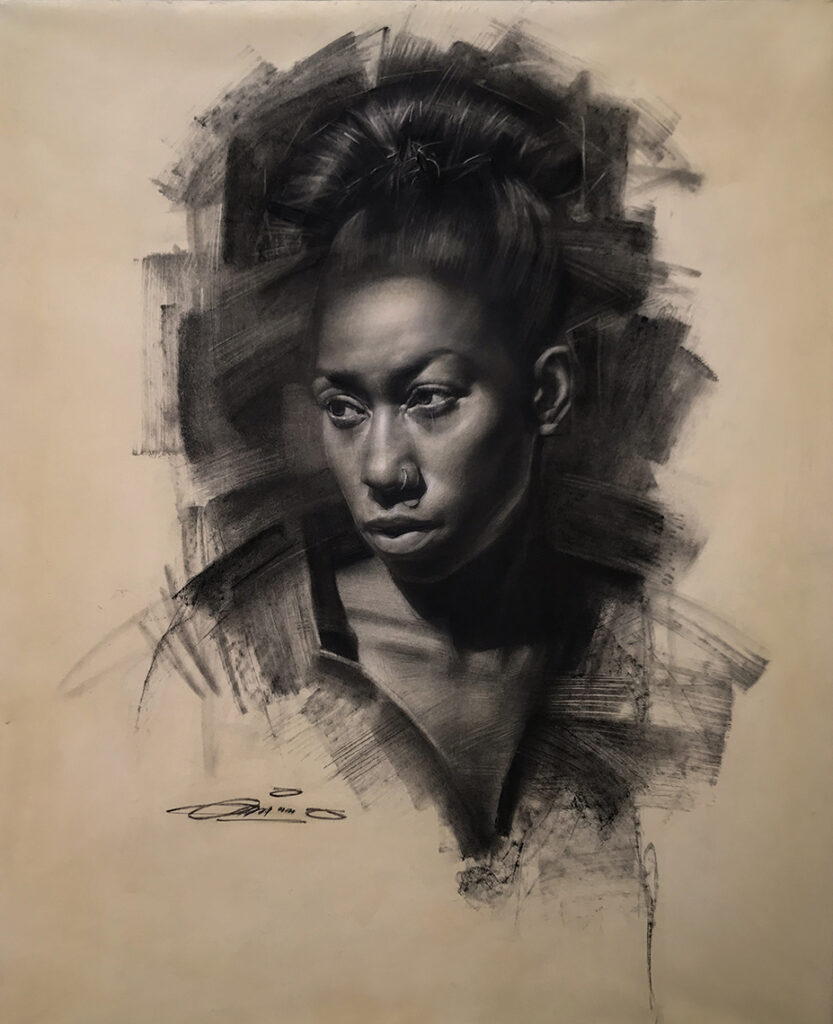 Bianca, Portrait, charcoal on paper, by Charles Miano